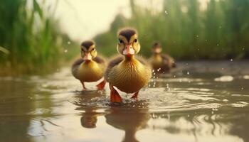 süß Entlein mit flauschige Gefieder genießt das draußen in der Nähe von ein Teich generiert durch ai foto