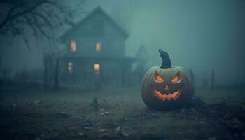 Halloween Nacht, gespenstisch Kürbis, Grusel dunkel, böse Oktober Angst generiert durch ai foto
