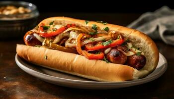 gegrillt Rindfleisch Sandwich mit heiß Hund, Fritten, und Ketchup generiert durch ai foto