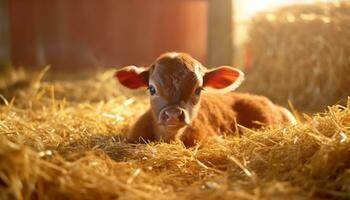 süß Kuh Weiden lassen auf ein sonnig Wiese, suchen beim Kamera generiert durch ai foto