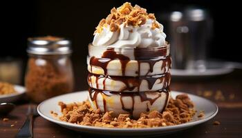 Gourmet Dessert Schokolade Eis Sahne auf ein hölzern Tabelle generiert durch ai foto