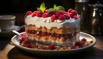 ein Gourmet Dessert Teller mit frisch Himbeere und Erdbeere Mousse generiert durch ai foto