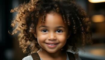lächelnd Kind, Porträt von Glück, süß lockig Haar, heiter Unschuld generiert durch ai foto