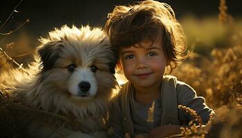 ein süß Hund und Kind umarmen, genießen das draußen zusammen generiert durch ai foto