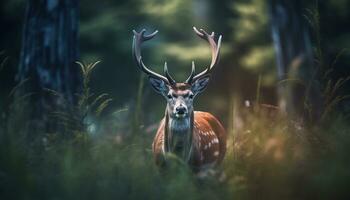 Hirsch Stehen im Wiese, suchen Niedlich, versteckt im still Wald generiert durch ai foto