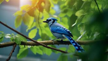 ein bunt Vogel sich niederlassen auf ein Ast im das Wald generiert durch ai foto