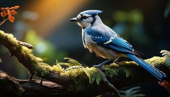 ein süß Vogel sich niederlassen auf ein Ast im das Wald generiert durch ai foto