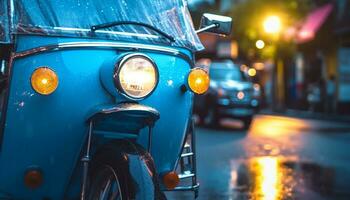 alt gestaltet Auto Geschwindigkeiten durch das Stadt, Scheinwerfer leuchtenden im das Nacht generiert durch ai foto