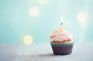 ai generativ. Geburtstag Cupcake mit Kerze, Licht Pastell- Hintergrund foto