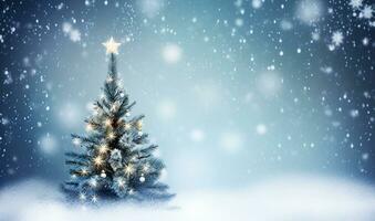 ai generativ. Weihnachten Baum mit Schnee dekoriert mit Girlande Beleuchtung, Urlaub festlich Hintergrund foto