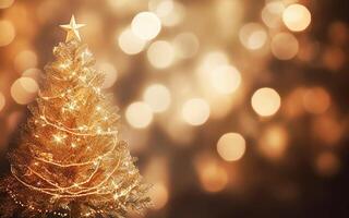 ai generativ. Weihnachten Baum Hintergrund mit Gold verschwommen Licht foto