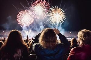 ai generativ. aufgeregt Publikum zurück Aussicht Aufpassen Konfetti Feuerwerk und haben Spaß foto