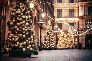 ai generativ. Weihnachten Baum mit Zapfen auf ein Stadt Straße beleuchtet mit ein Girlande foto