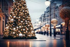 ai generativ. Weihnachten Baum mit Zapfen auf ein Stadt Straße beleuchtet mit ein Girlande foto