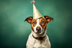 ai generativ. Jack russel Terrier Hund mit ein Party Hut foto