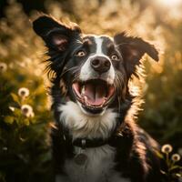 Porträt von ein glücklich draussen Sommer- Hund generativ ai foto