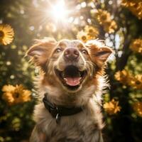 Porträt von ein glücklich draussen Sommer- Hund generativ ai foto