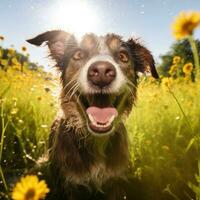 Porträt von ein glücklich draussen Sommer- Hund generativ ai foto