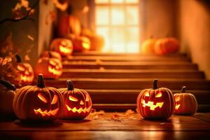 festlich Halloween Kürbis Anzeige auf Haustür - - generativ ai foto