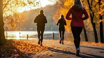 Herbst Morgen Fitness - - Gruppe von Mädchen Laufen im das Park - - generativ ai foto