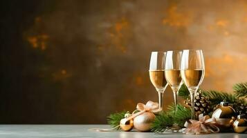 Weihnachten Feier - - funkelnd Champagner Brille mit Urlaub Ornamente - - generativ ai foto