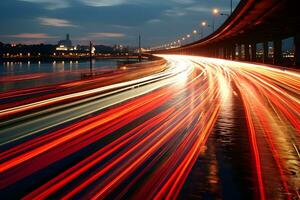 Zeit Ablauf Fotografie von Fahrzeug Beleuchtung auf das Brücke beim Nacht im Stadt foto