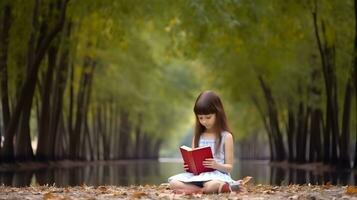 wenig Mädchen lesen heilig Bibel Buch beim Landschaft. foto