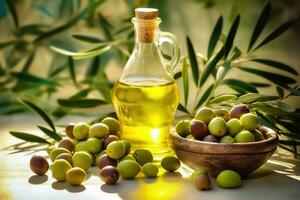 Olive Öl Eleganz - - reif Oliven und Öl im exquisit Präsentation - - generativ ai foto