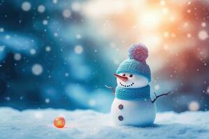 Winter Feierlichkeiten mit ein grinsend Schneemann - - generativ ai foto