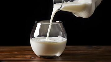 Gießen Milch im Glas im dunkel Hintergrund. ai generiert foto