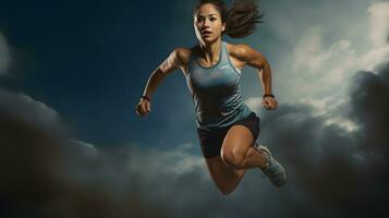 aktiv weiblich Athlet Laufen Mitte Luft im ein kräftig Ausbildung Sitzung. ai generiert foto