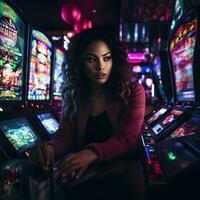 Frau Glücksspiel im Kasino spielen auf Slot Maschinen Ausgaben Geld Spieler süchtig zu rotieren Maschine ai generiert foto