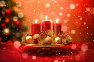 festlich Weihnachten Ambiente - - Verbrennung Kerzen und Baum Dekorationen auf verschwommen Hintergrund - - generativ ai foto