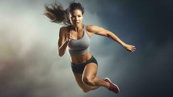 aktiv weiblich Athlet Laufen Mitte Luft im ein kräftig Ausbildung Sitzung. foto