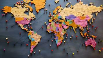 das Welt Karte ist gemacht von Stifte und Stifte sind in Verbindung gebracht zu das Stifte auf das Karte foto