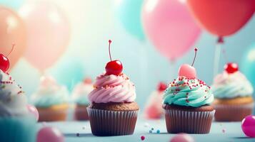 Geburtstag Tasse Kuchen mit Luftballons Hintergrund foto