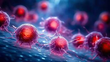 mikroskopisch Aussicht von vergrößert Virus oder Krebs Zellen - - generativ ai foto
