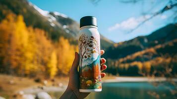 Nahansicht von weiblich Hand halten wiederverwendbar, Stahl thermo glänzend Flasche zum Wasser, auf das Hintergrund von klar Wasser von ein See mit ein Türkis Farbton. Kopieren Raum Konzept. foto