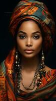 Nahansicht von ein schön jung Frau mit ethnisch Kleidung. foto