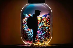 Medizin Verwaltung - - Mann und Krug von vielfältig farbig Tabletten - - generativ ai foto