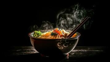 japanisch Ramen Suppe mit Huhn, Ei, Schnittlauch und sprießen auf dunkel Hintergrund ai generativ foto