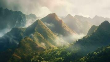 Berg Landschaft im das Morgen mit ein Decke von Tau ai generativ foto