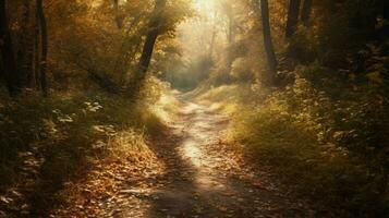 Wald mit laubabwerfend Bäume im Herbst ai generativ foto