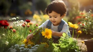 wenig Junge Gartenarbeit mit Landschaft voll von Blumen auf warm sonnig Tag. Familie Aktivität. Gartenarbeit und Landwirtschaft Konzept foto