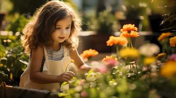 wenig Mädchen Gartenarbeit mit Landschaft voll von Blumen auf warm sonnig Tag. Familie Aktivität. Gartenarbeit und Landwirtschaft Konzept foto