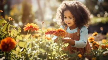 wenig Mädchen Gartenarbeit mit Landschaft voll von Blumen auf warm sonnig Tag. Familie Aktivität. Gartenarbeit und Landwirtschaft Konzept foto