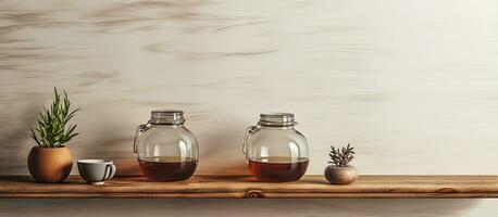 Mauer montiert hölzern Regal mit Glaswaren Krug und Teekanne foto