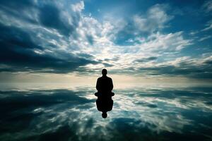 Meditation Gelassenheit - - Silhouette von ein Mann inmitten das Wolken - - generativ ai foto