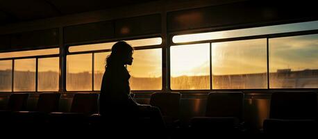 Silhouette von ein Frau Sitzung auf ein Zug gerahmt durch Fenster foto