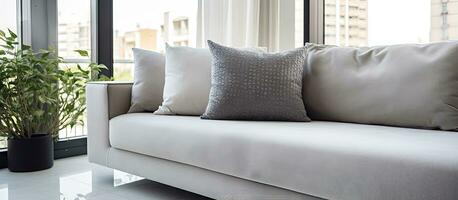 Couch im hell Wohnung mit modern Leben Zimmer Kissen und Sofa im Schlafzimmer gegen Kopieren Raum Hintergrund Konzept von elegant Möbel Design foto